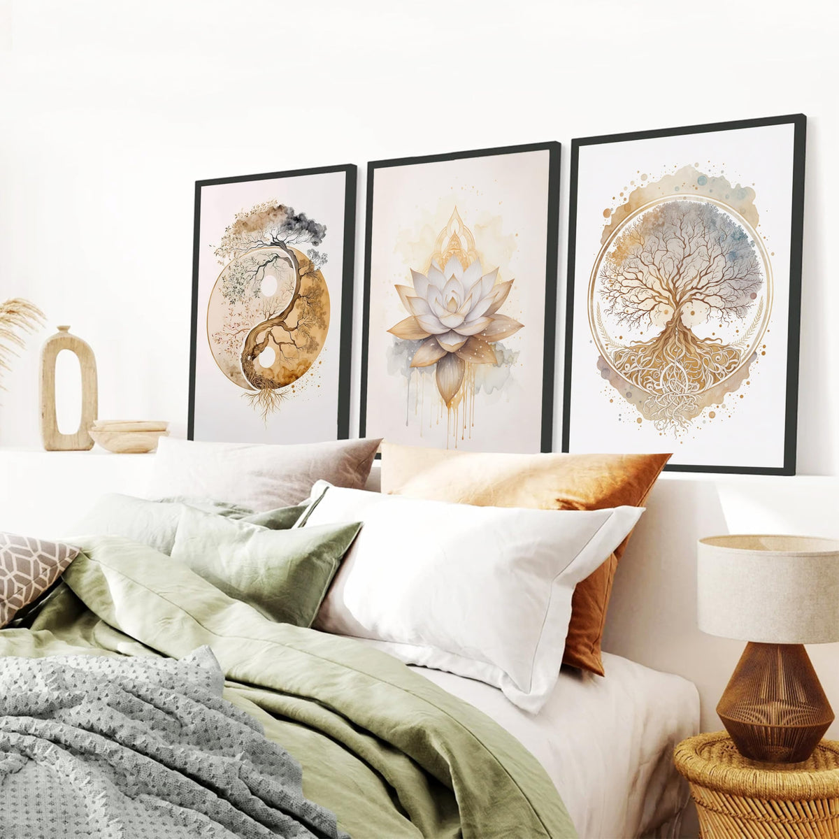 Wood Framed Tree of Life Wall Art Set of 3 (Golden Tree of Life / 16"L x 12"W)