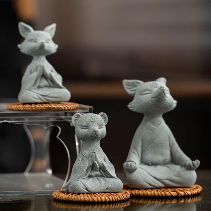 Meditating Fox Statue Yoga Animal Figurines Zen Fox Sculpture (L1)