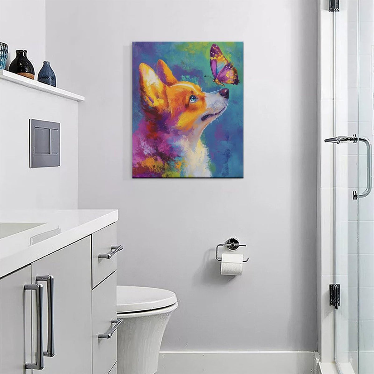 Corgi Kiss Butterfly Wall Art Dog Pictures Wall Decor Dogs Canvas Painting Print Home Modern Artwork Decorations Framed for Bathroom Living Room Bedroom Office 16 x 20 inch (20L" x 16W" / Corgi)
