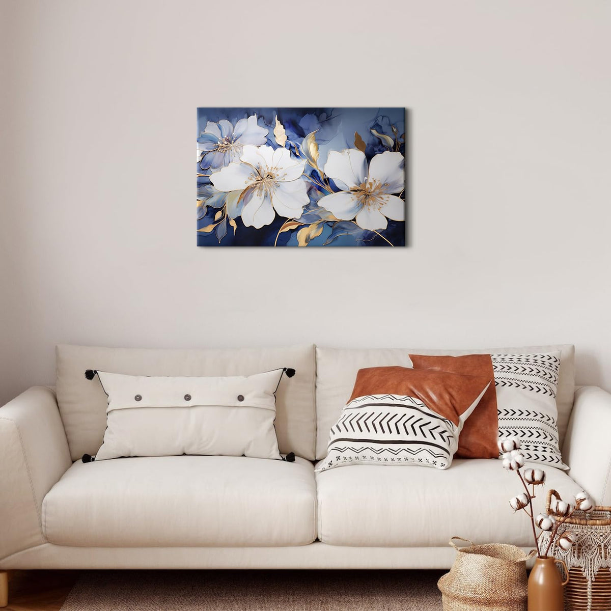 Abstract Flower Canvas Wall Art Blue and Gold Wall Decor Modern Marble Floral Picture Canvas Prints for Living Room Bedroom Watercolor Botanical Poster Painting Artwork Framed Home Decorations 16x24 (24"L x 16"W / Abstract Flower)