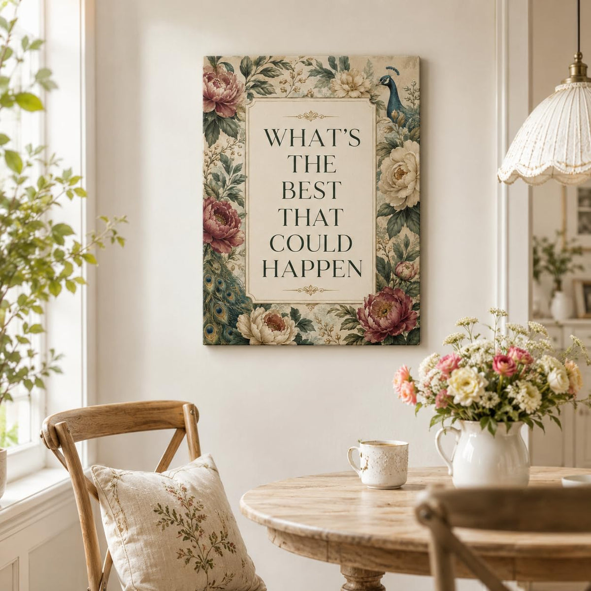 Peacock Floral Framed Canvas Wall Art Vintage Botanical Decor 12x16 Inches (Peacock Floral / 16"L x 12"W)