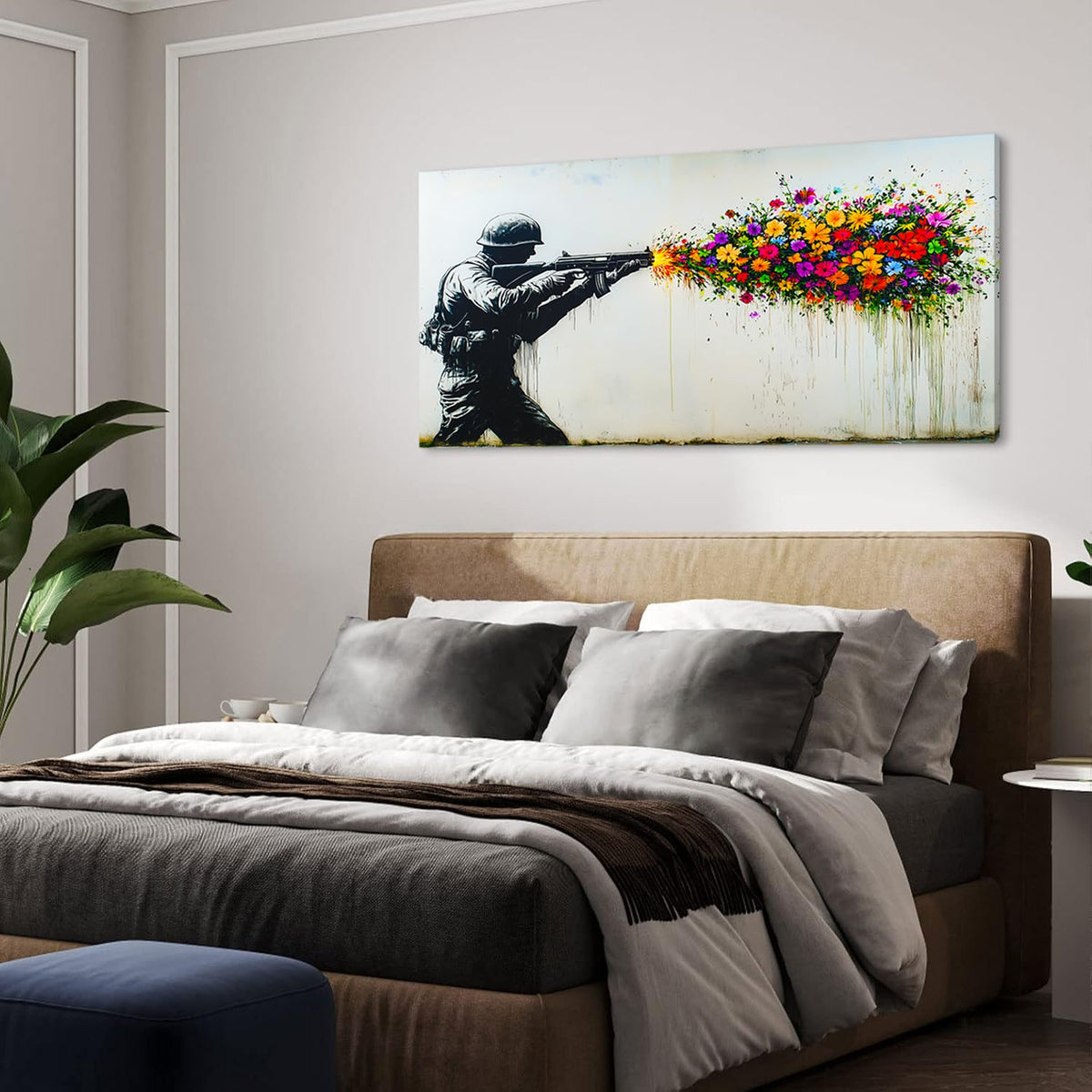 Black Soldier with Colorful Flower Wall Art for Living Room Office Peaceful Urban Contemporary Painting Prints Banksy Style Canvas Artwork Dining Bedroom Decor (Contemporary / Colorful Soldier Flower Wall Art / 40"L x 20"W)