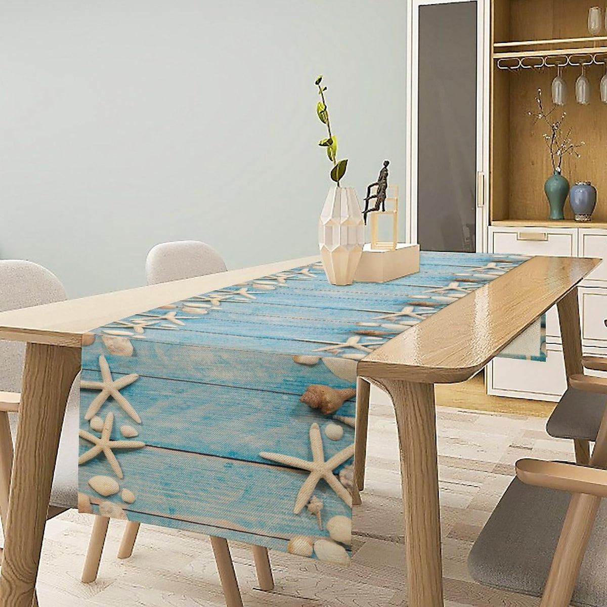 Summer Beach Table Runner Dresser Scarves Beach Theme Cotton Linen Seashells Starfish Blue Rustic Wood Table Setting Decor for Wedding Party Holiday Dinner Home 13x72 inch (13x72inch / Ocean 6)