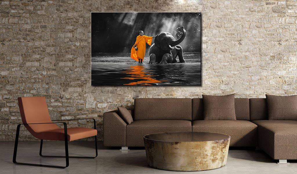 Black and White Wall Art Buddha Decor Zen Canvas Painting 24x36inch (Thai monk NO9-1P / 36"L x 24"W)