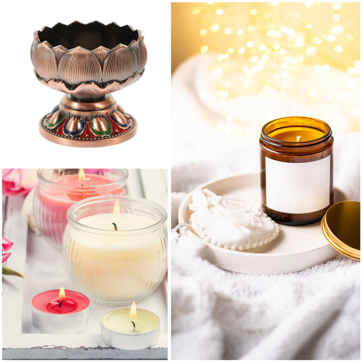 Lotus Shape Copper Candle Holder Buddhism Tea Light Stand Decorative Butter Lamp for Home and Buddha Hall Tabletop 1.96X1.96X1.73 Inch (As Shown)