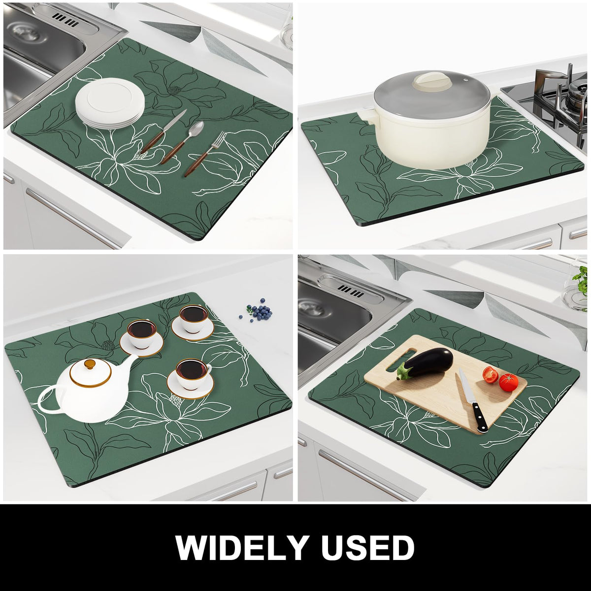 Dish Drying Mat for Kitchen Counter (Line Art Magnolia / 16" x 18")