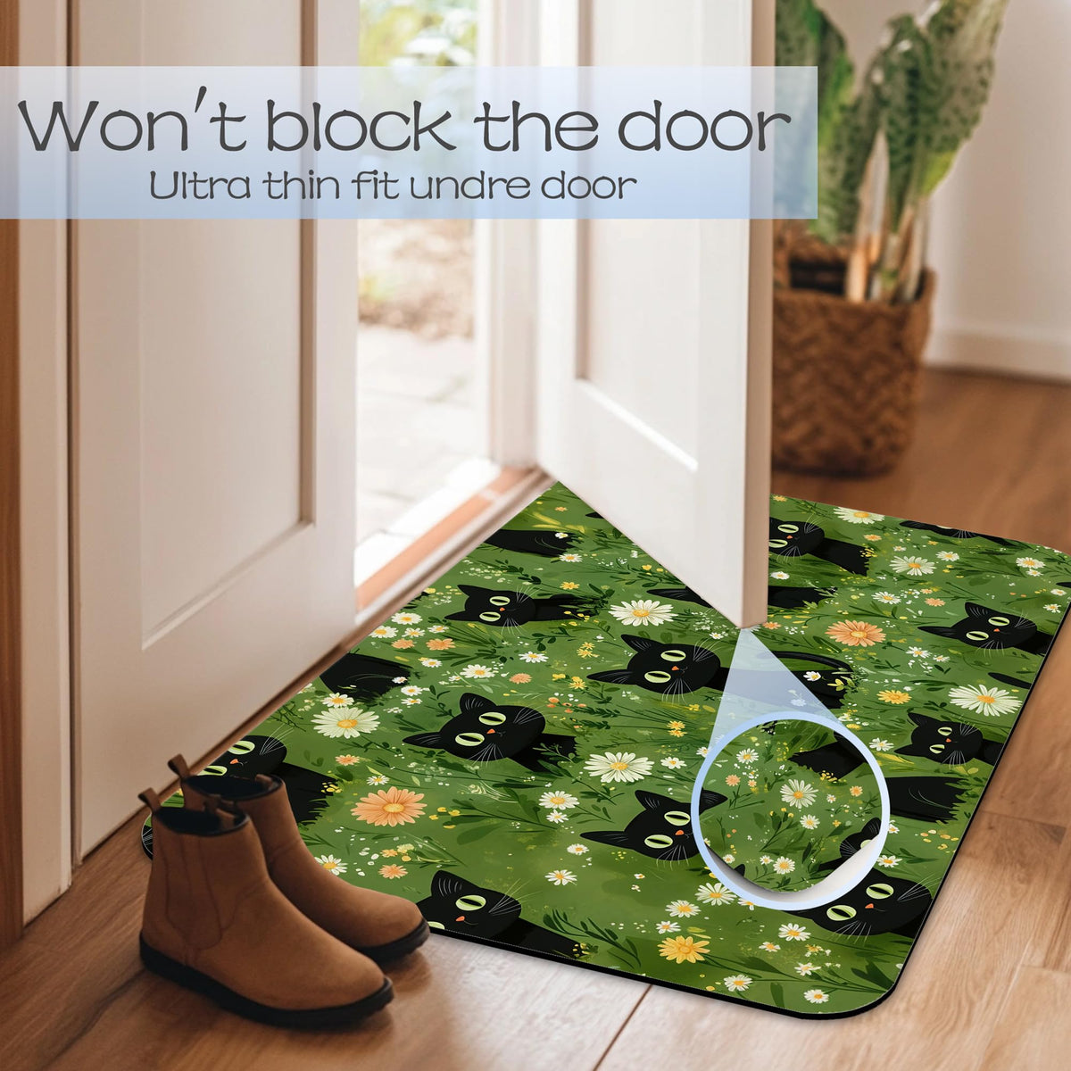 Cute Black Cat Bathroom Rug 29.5"x17" (Cute Black Cat,flowers)