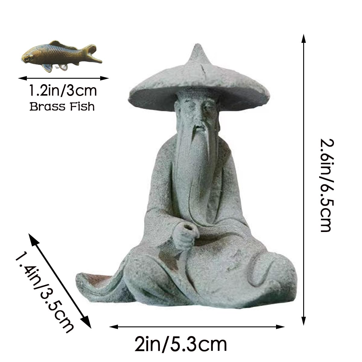 Mini Fisherman Statue Asian Zen Decoration Sitting Fishing Figurines Sandstone Vintage Ornament for Aquarium Fish Tank Pot Garden Home Japanese Decor (Gray)