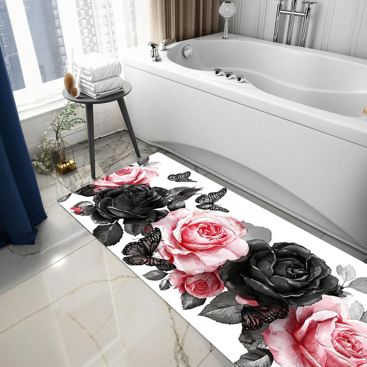 Pink and Black Rose Valentine's Day Laundry Room Rug 20x47 Inch (#54)