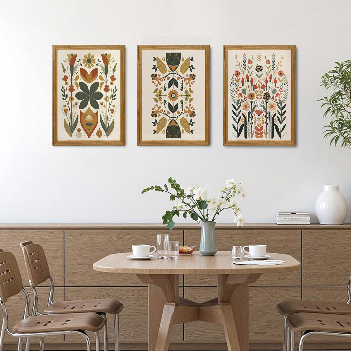 Scandinavian Folk Floral Framed Wall Art Set of 3 (Folk floral / 16"L x 12"W)