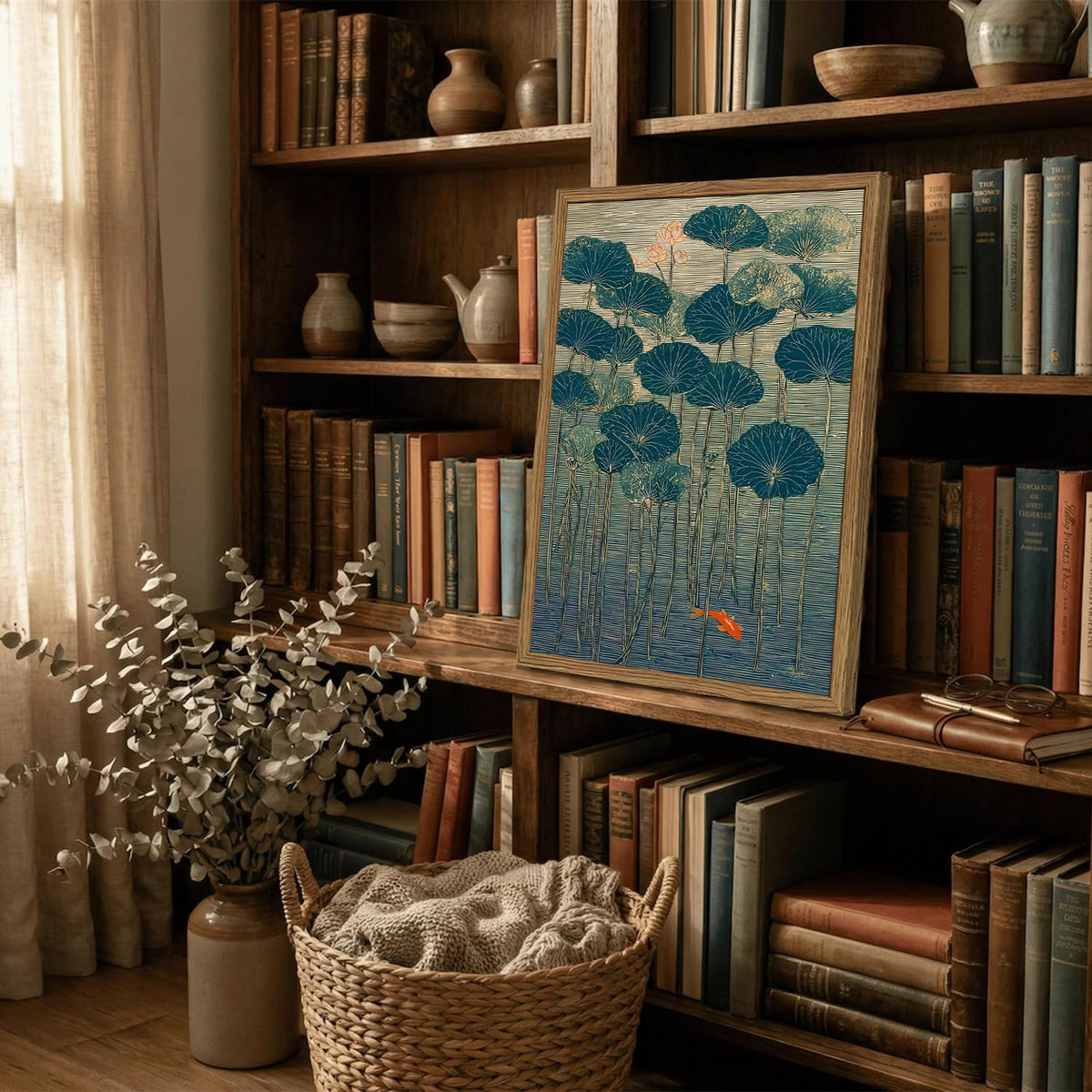 Koi Fish Lotus Wall Art Vintage Japanese Zen Wall Decor Picture Red Koi Fish and Water Lily Canvas Painting Print for Bathroom Living Room Bedroom 12x16 inch Wood Framed (Animal-N / 16"L x 12"W)