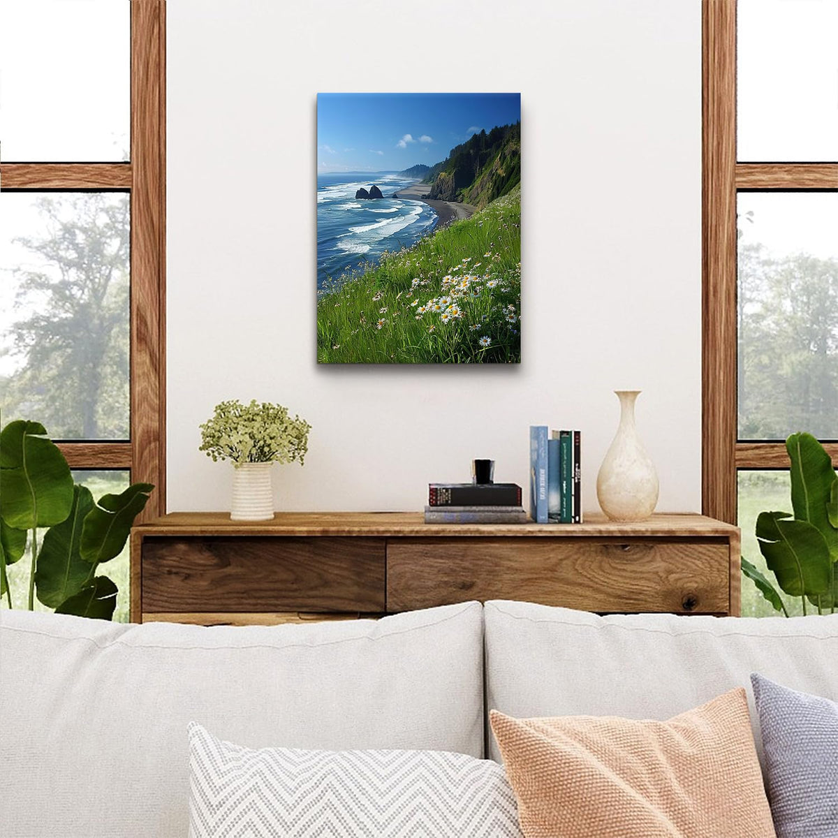 Beach Wall Art Coastal Wall Decor Daisy Flowers Pictures Mountain Cliffs Canvas Prints Blue Ocean Wave Scenery Poster Nature Seascape Painting Artwork for Bedroom Living Room Home Decoration 12x16" (16"L x 12"W / Seaside Cliffs)