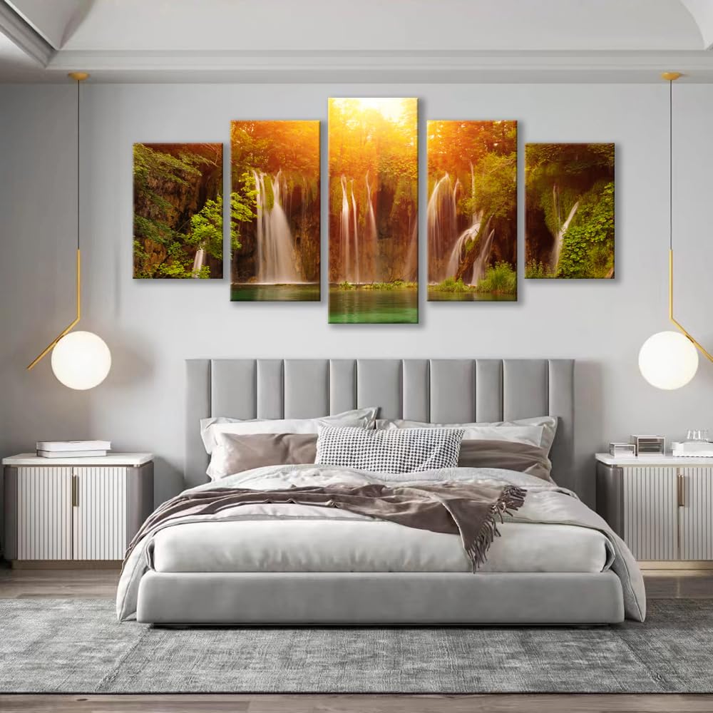 Wall Art Canvas Painting golden Forest Waterfall 5 Piece Mountain River Water Stream and Tree Picture Poster Print Framed and Stretched Ready to Hang for Living Room Bedroom office Artwork (16x24inchx2,16x32inchx2,16x40x1 / Artwork171)