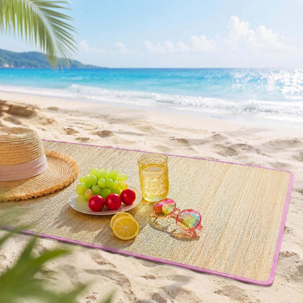 4 Packs Straw Beach Mat with Trim (70 x 24 Inch / Pink)