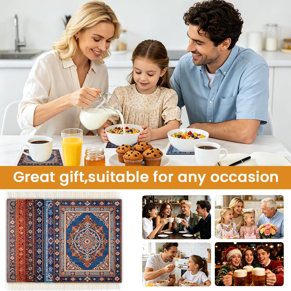 Bohemian Rug Carpet Coasters Set of 6 for Kitchen Office Home (Bohemian Rug)