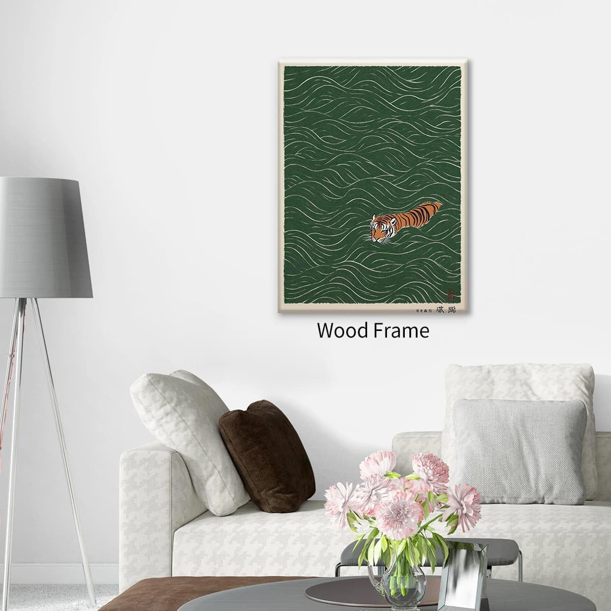 Framed Vintage Japanese Tiger Swimming Prints 12x16in Ukiyo (Wrapped Canvas / Japanese Art 004 / 16"L x 12"W)