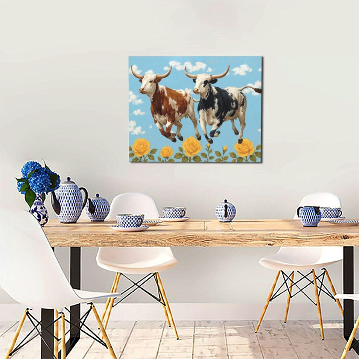 Longhorn Wall Decor Funny Cow Canvas Wall Art Cute Cattle Pictures Painting Artwork Framed Decoration for Bedroom Bathroom Living Room Kitchen Dining Room Office 16"x20" (Longhorn / 20L"×16W")