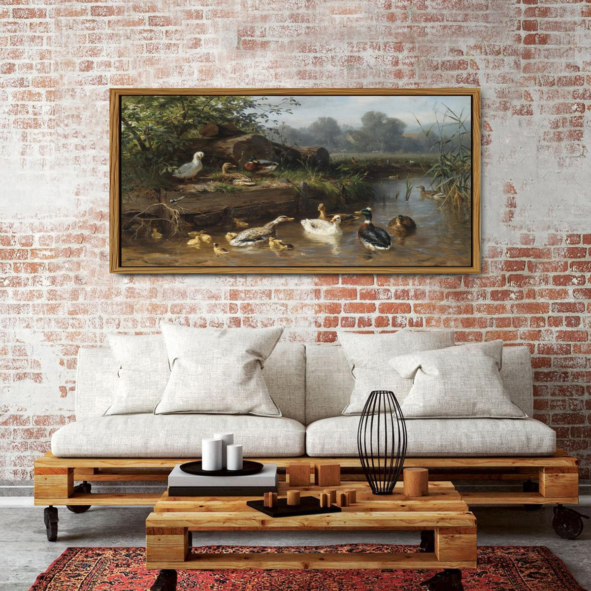 Framed Vintage Animal Wall Art Countryside Duck Wall Decor Rustic Duck Scenic Picture Canvas Prints Painting Abstract Nature Funny Poster Artwork for Living Room Bedroom Office Home Decorations 30x57.8" (30"L x 57.8"W / Duck)