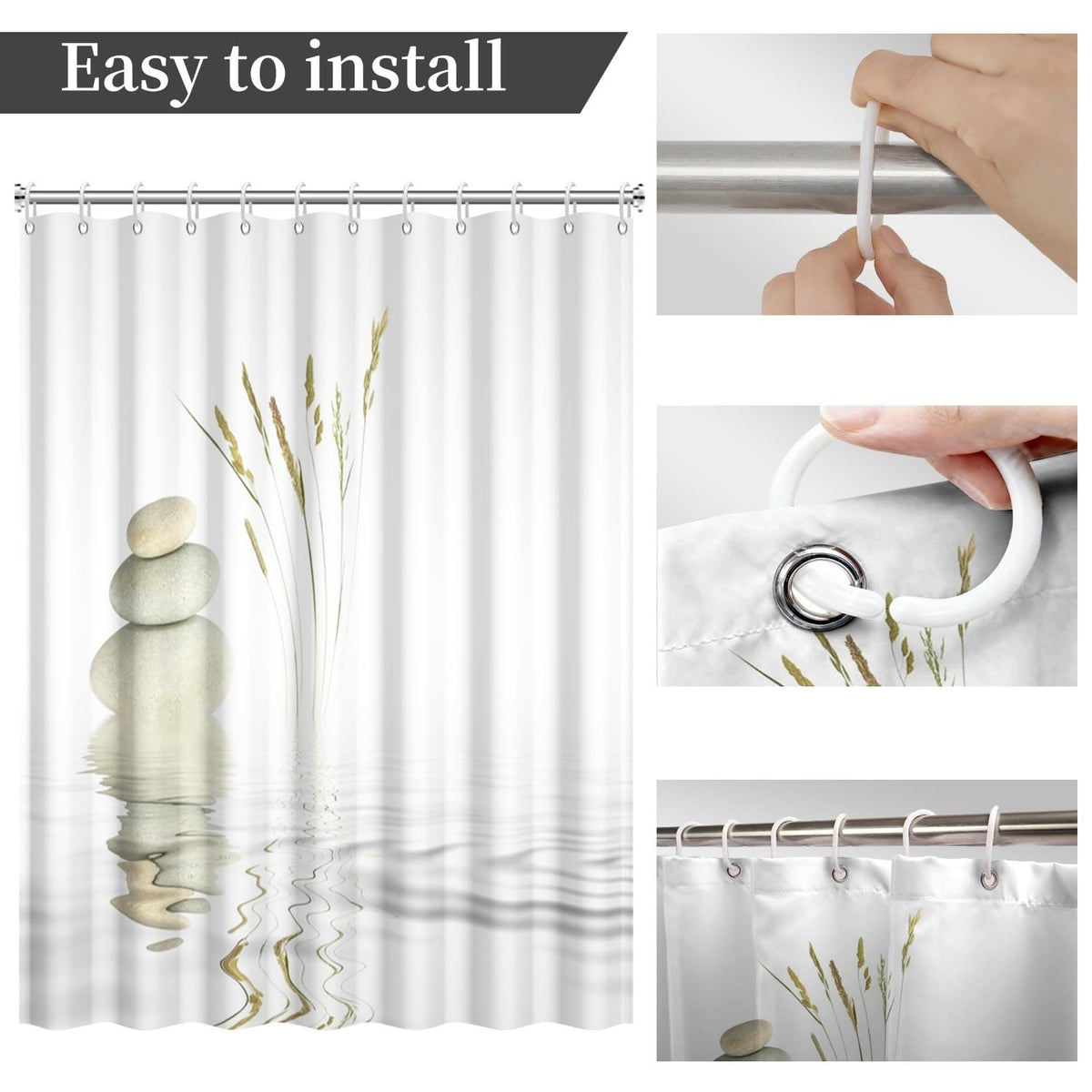 Zen Spa Shower Curtain Zen Stone Wild Grass Reflection in Water Meditation Design Bath Curtain Waterproof Polyester Fabric Bathroom Decor Set with Hooks 65x72inch (65"W x 72"L (Pack of 1) / White)