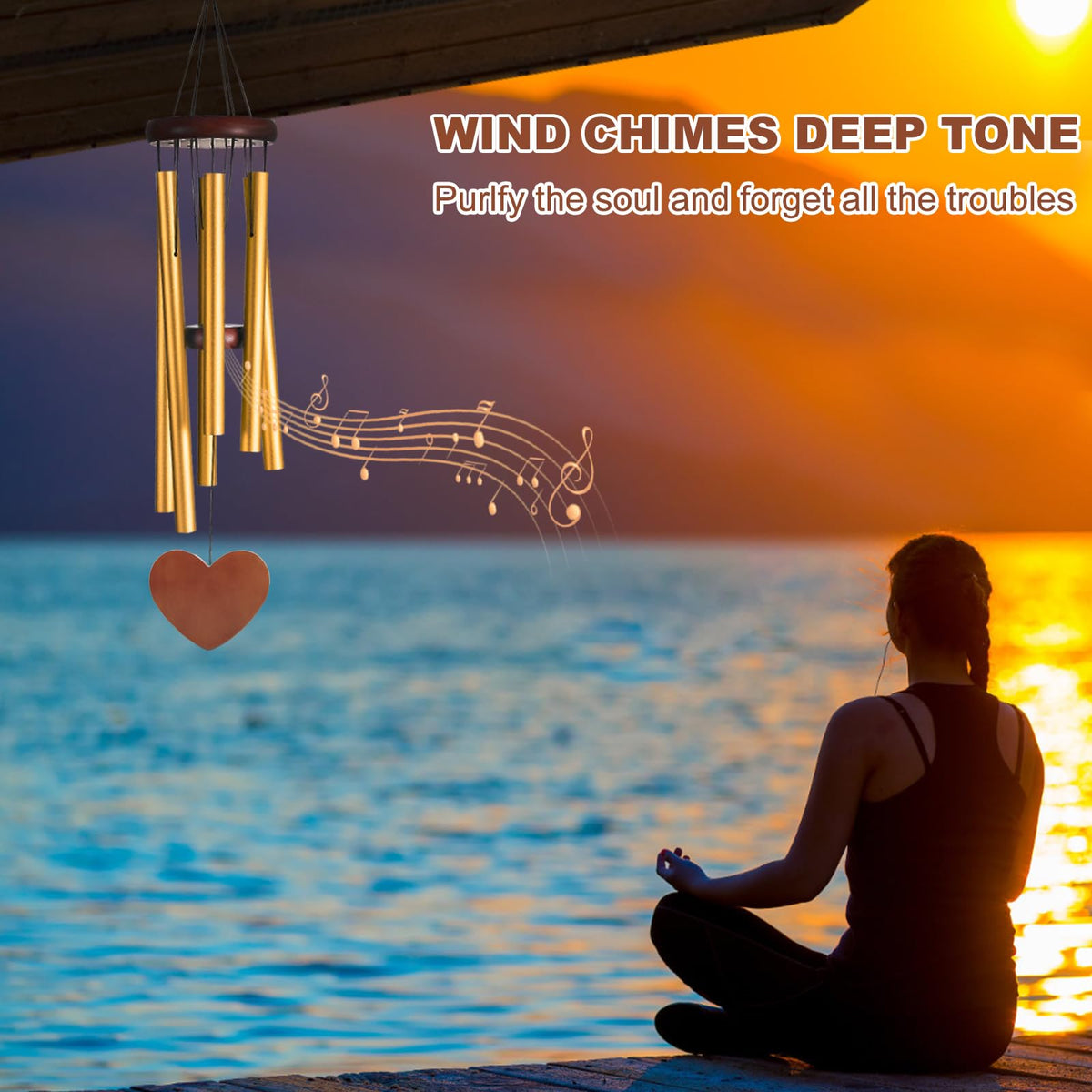 Gold Metal Wind Chimes Outdoor Large (Gold - Heart Shape Design)
