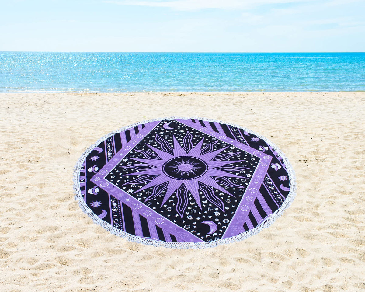 Round Beach Tapestry Turquoise Mandala Throw (3'6" (Round) / Purple)