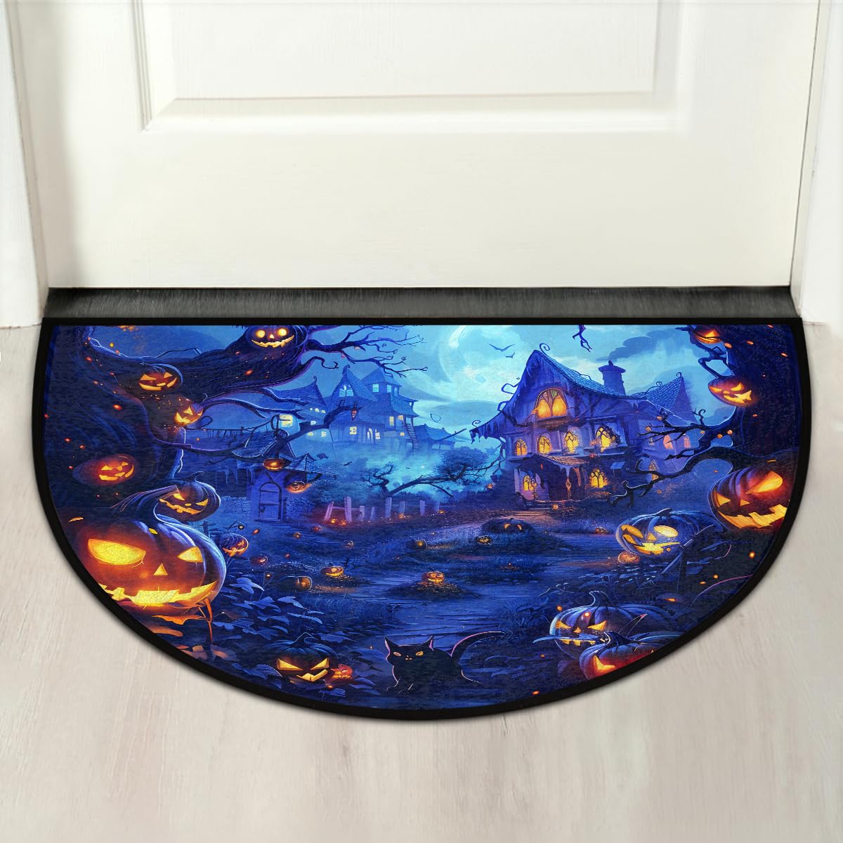 Halloween Pumpkin Moon Half Round Door Mat Non Slip Washable Halloween Semi Circle Area Rug Absorbent Soft Half Moon Rug Floor Mat for Kitchen Indoor Outdoor Bathroom Patio Front Door Mat Decor (C3)