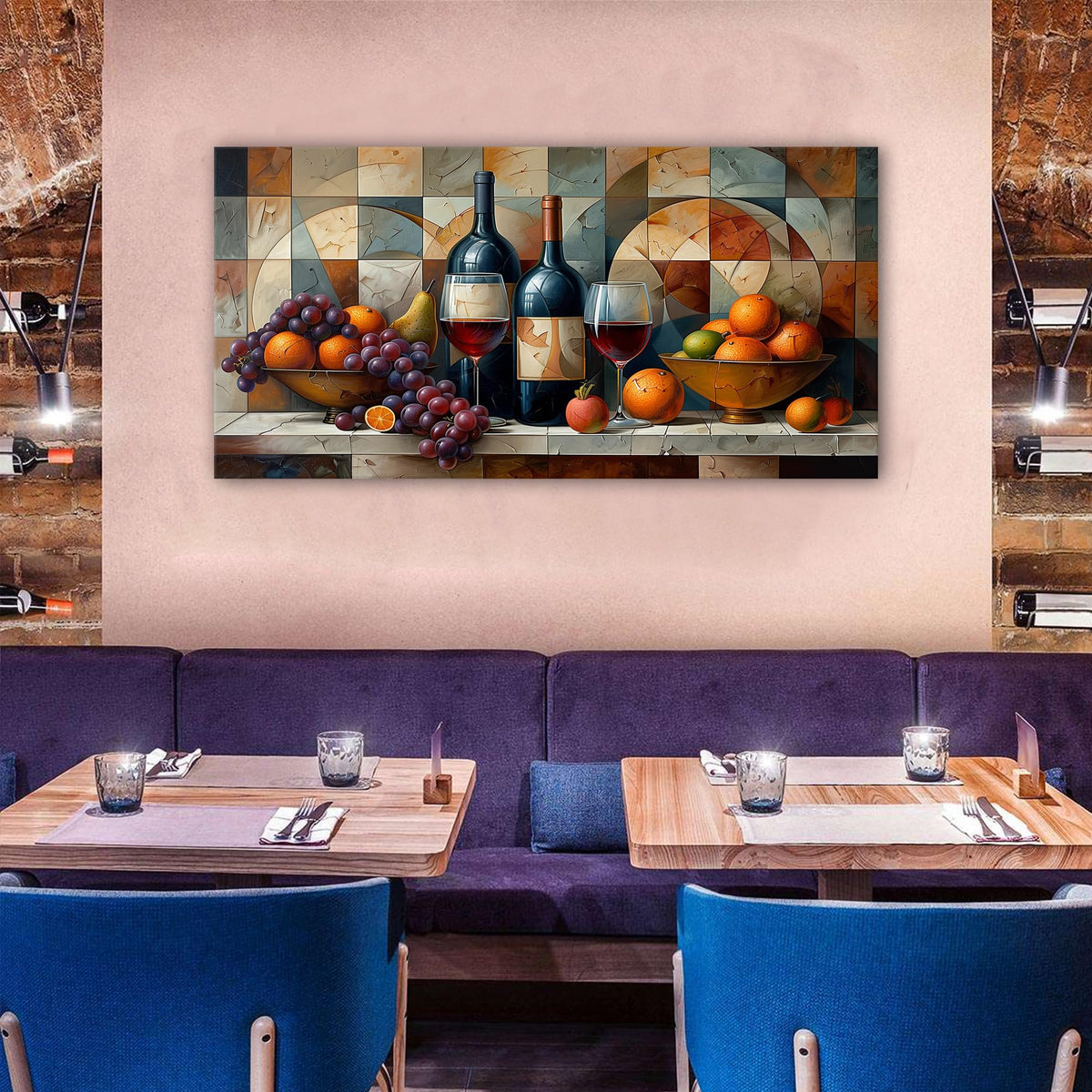 Geometric Kitchen Wall Art Abstract Wine Canvas Prints Red Wine Glass and Fruit Pictures Rustic Farmhouse Still Life Painting Wine Bar Decor for Dining Room Restaurant Home Decorations 30x60 (60"L x 30"W / Abstract Kitchen)