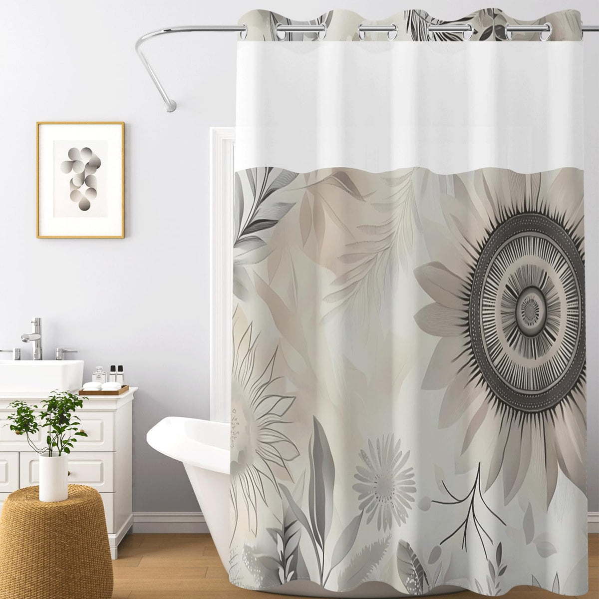 Neutral Botanical Shower Curtain with Snap in Removable Liner (Boho Floral)