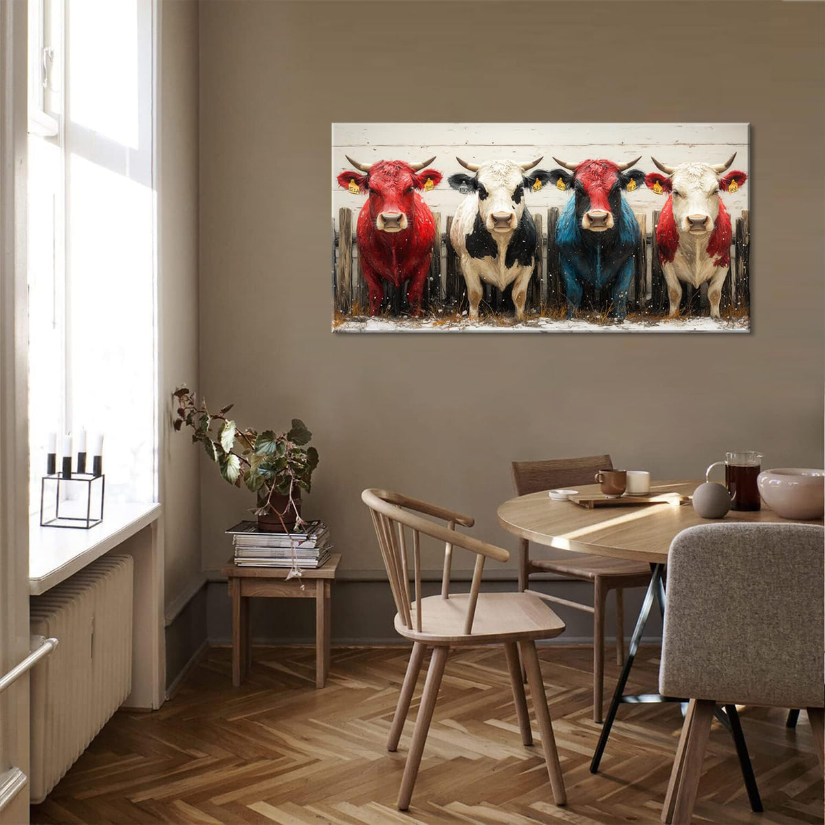 Colorful Cows Wall Art for Living Room Office Contemporary Farmhouse Rustic Charm Realistic Animal Painting Prints Country Canvas Artwork Dining Bedroom Decor Large (Rustic / Colorful Cows Wall Art / 46"L x 23"W)