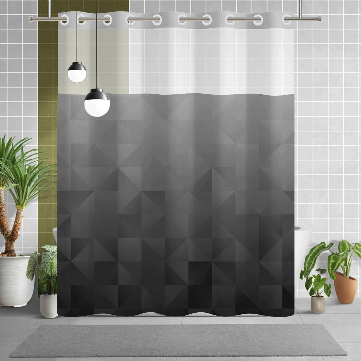 Gray and Black Ombre Geometric Shower Curtain with Snap in Liner (Gradient Gray)