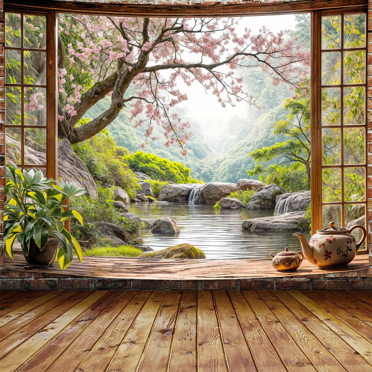 Japanese Scenery Window View Tapestry (Pink / 40"L x 60"W)