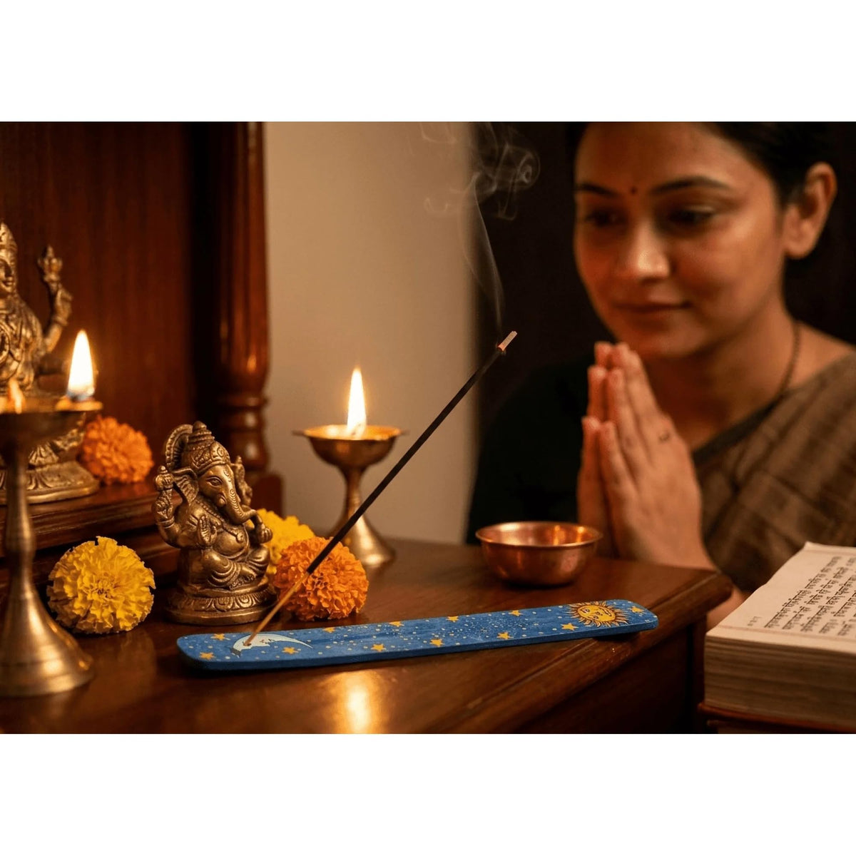 10 Inch Long Incense Stick Holder for Aromatherapy and Meditation Handcrafted Natural Wood Burner for Tranquil Home Ambiance Serenity in Wood (Blue / 1 count)