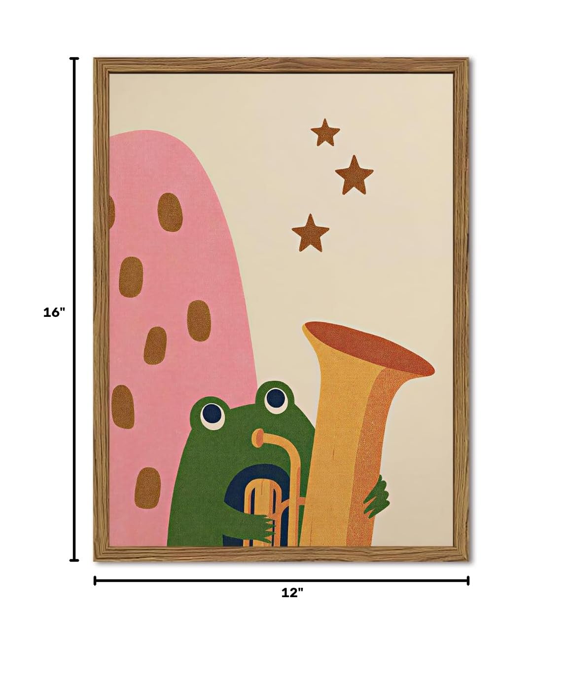 Cute Frog Music Wall Art Whimsical Frog Nursery Wall Decor Picture Mid Century Animal Poster Canvas Painting Print for Living Kids Room Bedroom 12x16 inch Wood Framed (Animal-H / 16"L x 12"W)