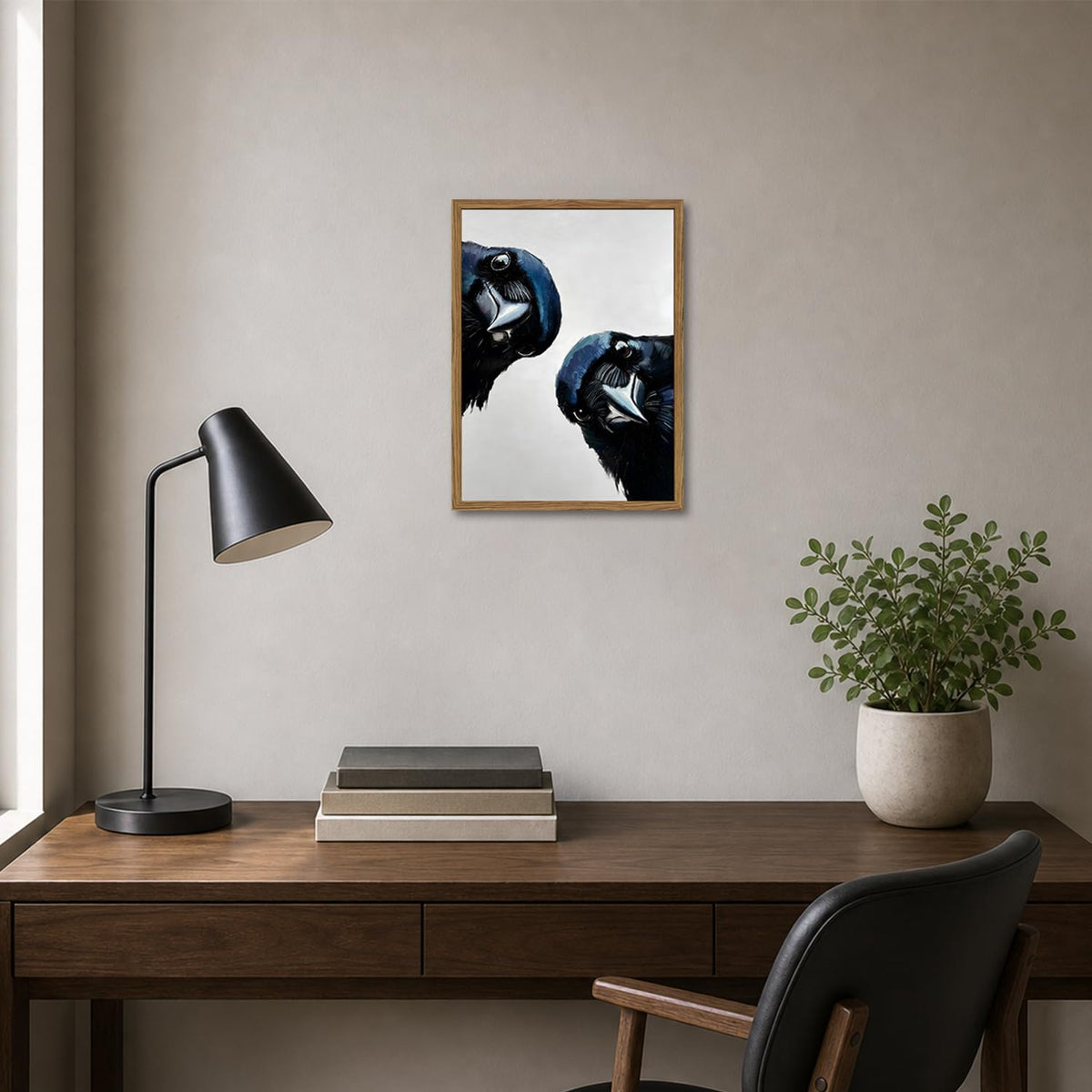Funny Crow Wall Art Whimsical Black Bird Wall Decor Picture Gothic Raven Canvas Painting Print for Living Room Bedroom 12x16 inch Wood Framed (Animal-L / 16"L x 12"W)