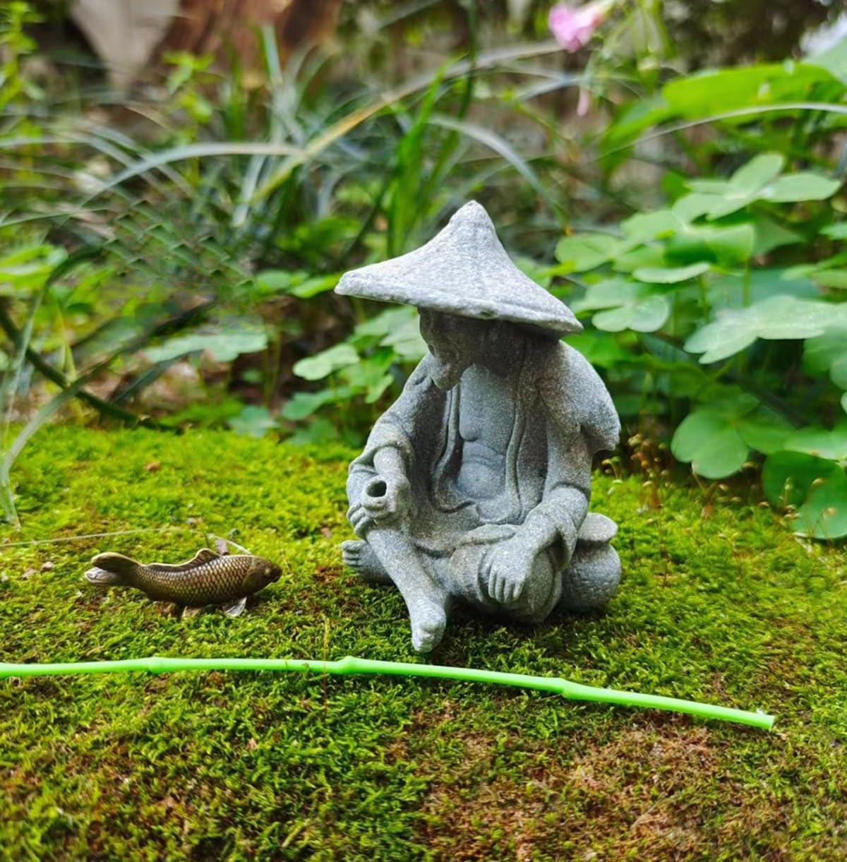 Mini Fisherman Statue Asian Zen Decoration Sitting Fishing Figurines Sandstone Vintage Ornament for Aquarium Fish Tank Pot Garden Home Japanese Decor (Yellow)