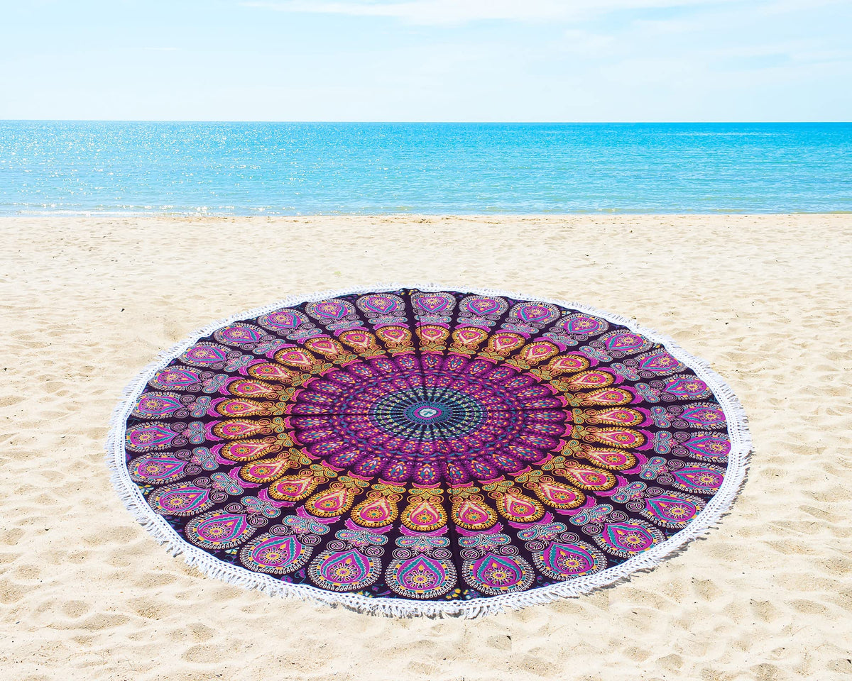Round Beach Tapestry Turquoise Mandala Throw (3'6" (Round) / Pink and Yellow)