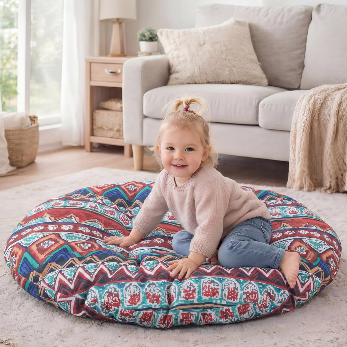 35" Large Bohemian Floor Cushion Oversized Round Meditation Floor Pillow (Colorful / Bohemian)