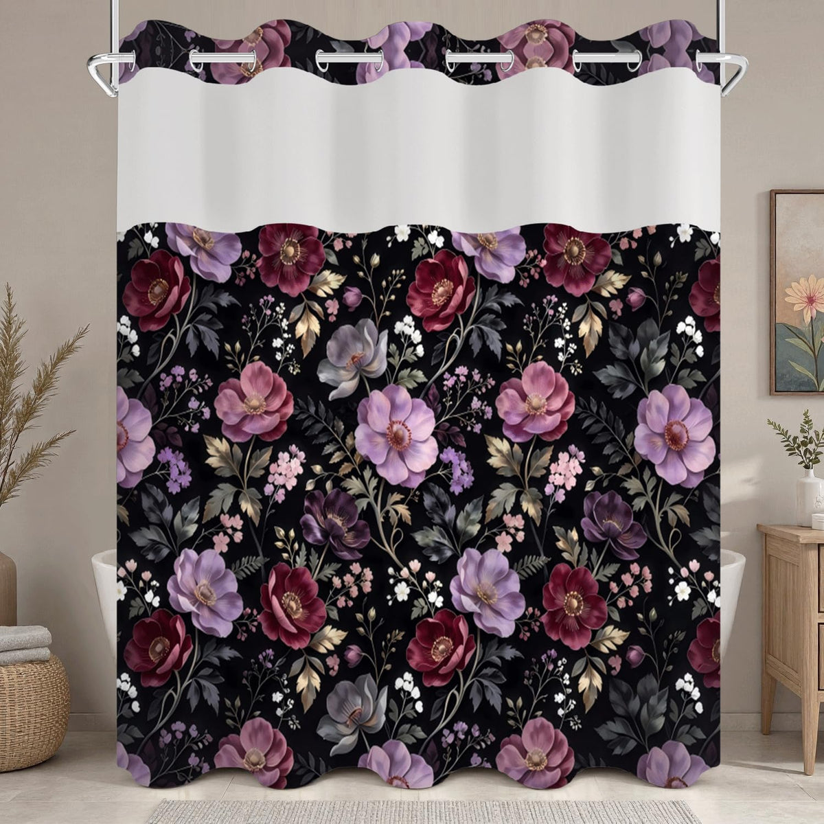Dark Floral No Hook Shower Curtain with Snap in Removable Liner (Dark Floral-c)