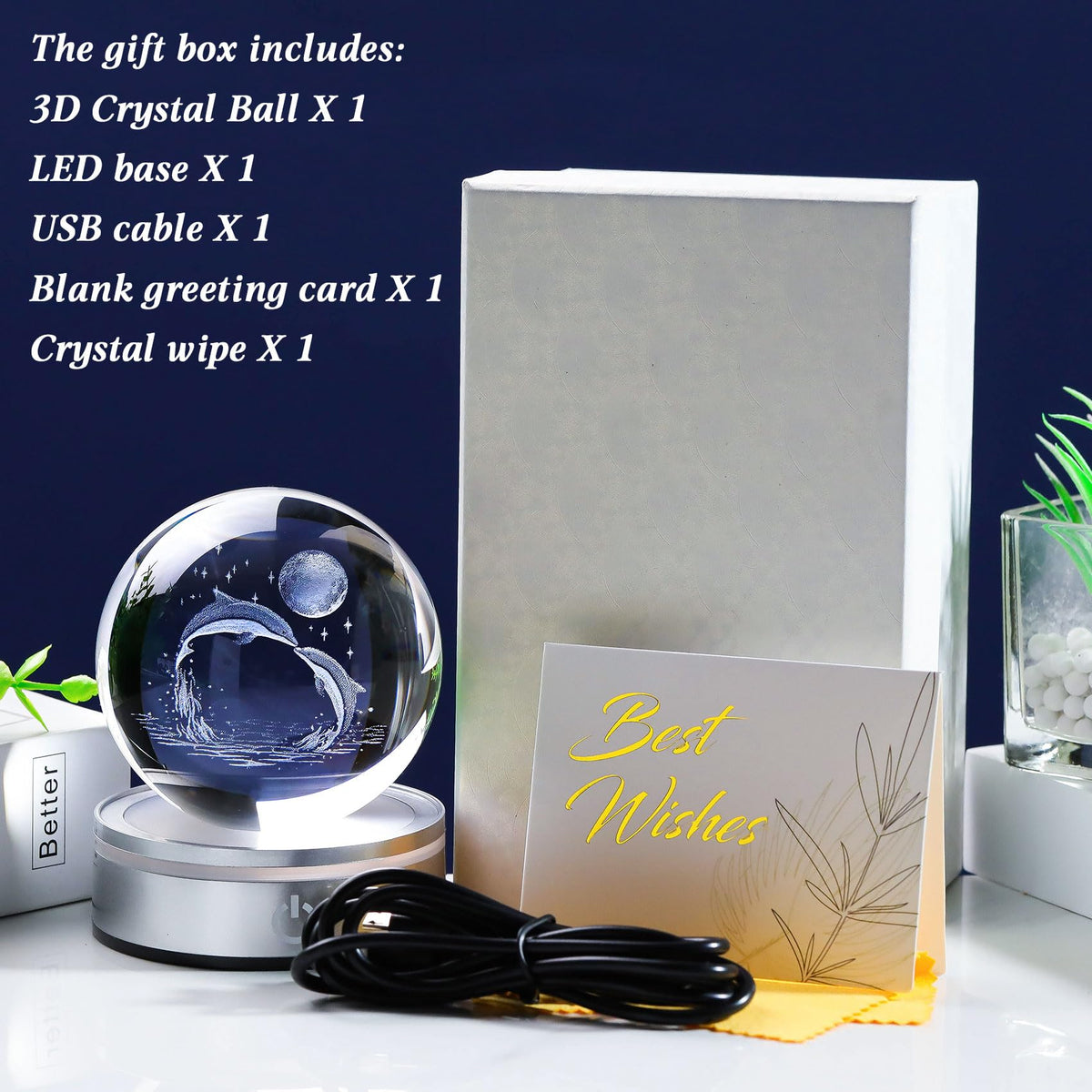 Dolphin Gifts for Women Men Crystal Ball Home Décor (Moon Dolphin)