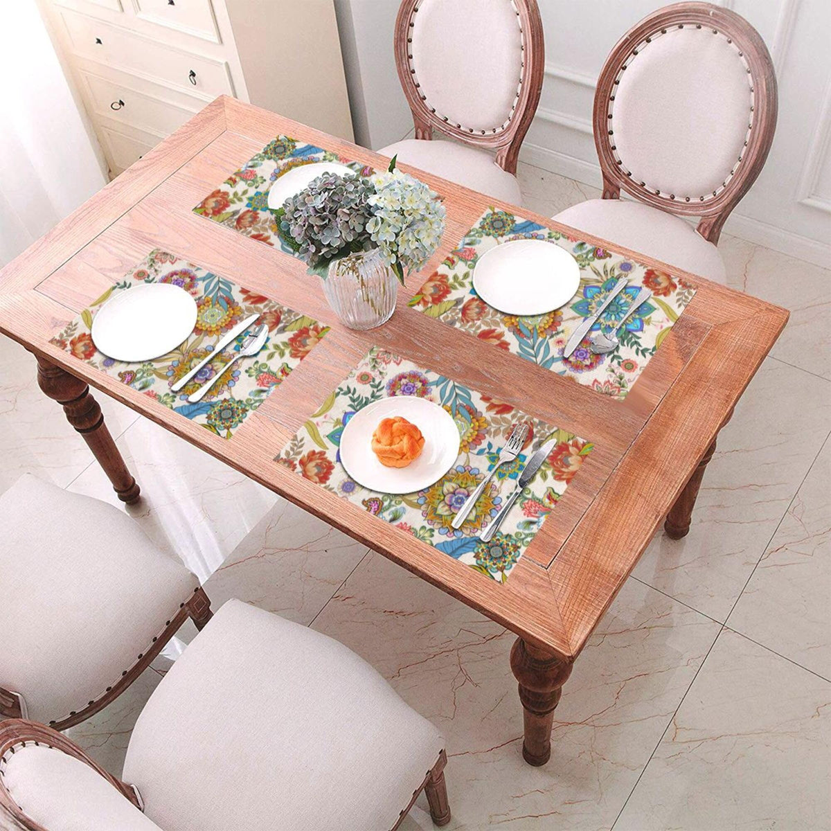 Boho Floral Placemats Set of 4 Linen 12"x18" Colorful Flowers Table Mats for Kitchen Dining Table Holiday Party Heat Resistant Washable Spring Summer Farmhouse Bohemian Mandala Place Mats (Boho Floral / 4pcs - 12x18inch)