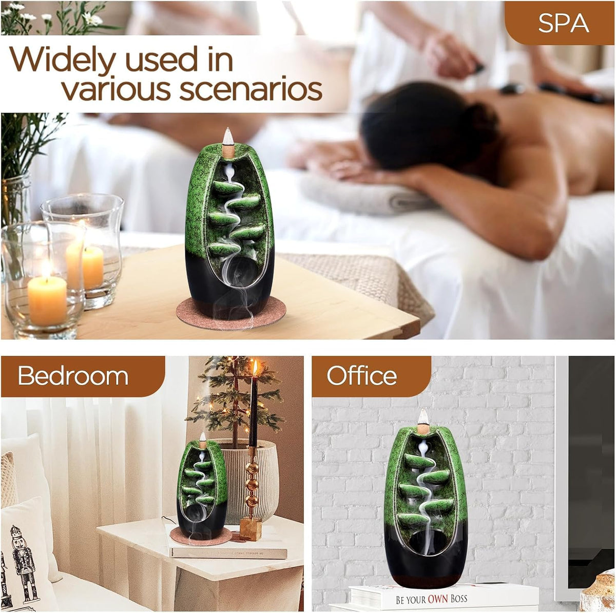 Ceramic Backflow Incense Holder Waterfall Incense Burner (Green)