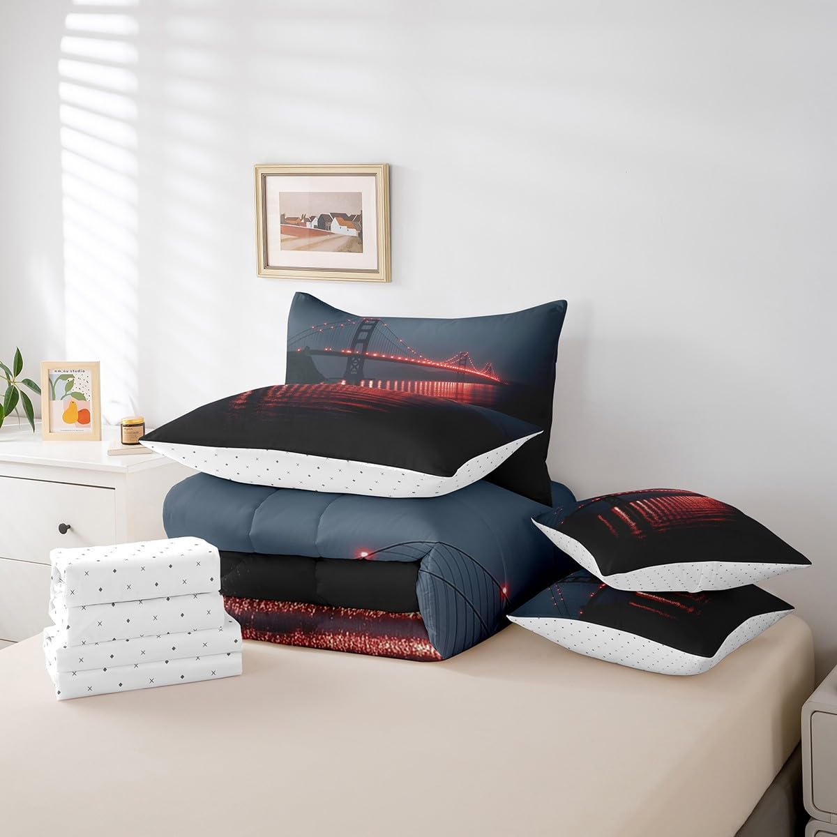 Golden Gate Bridge Comforter Set with Sheets King Size Kids Nightscape 7 Piece Bedding Set All Season Teens City Scenery Bed in A Bag Breathable Soft Lightweight Black and Red Room Decor (Dull Black and Red / King)