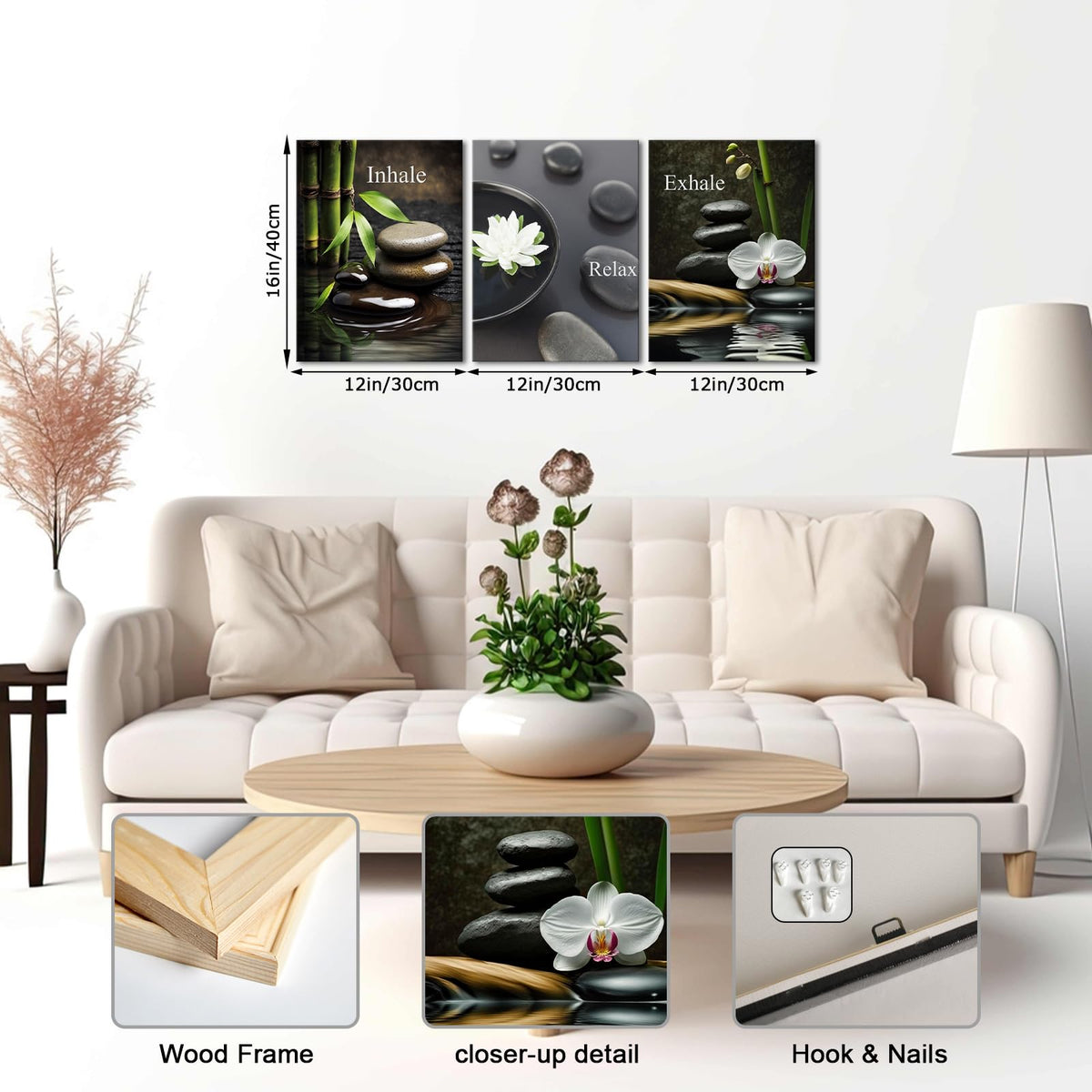 Zen Wall Art for Bathroom Zen Stone Bamboo Lotus Orchid Flower Pictures Still Life Prints for Zen Meditation Room Wall Decor Framed 12x16 inch each piece (16"L x 12"W)
