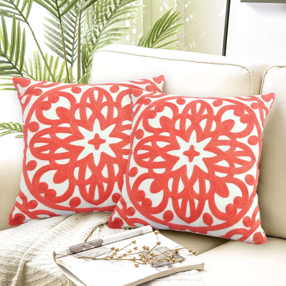 Embroidered Decorative Throw Pillow Cover 18"x 18" Set of 2 (Coral Peach / 18" x 18" (Pack of 2))