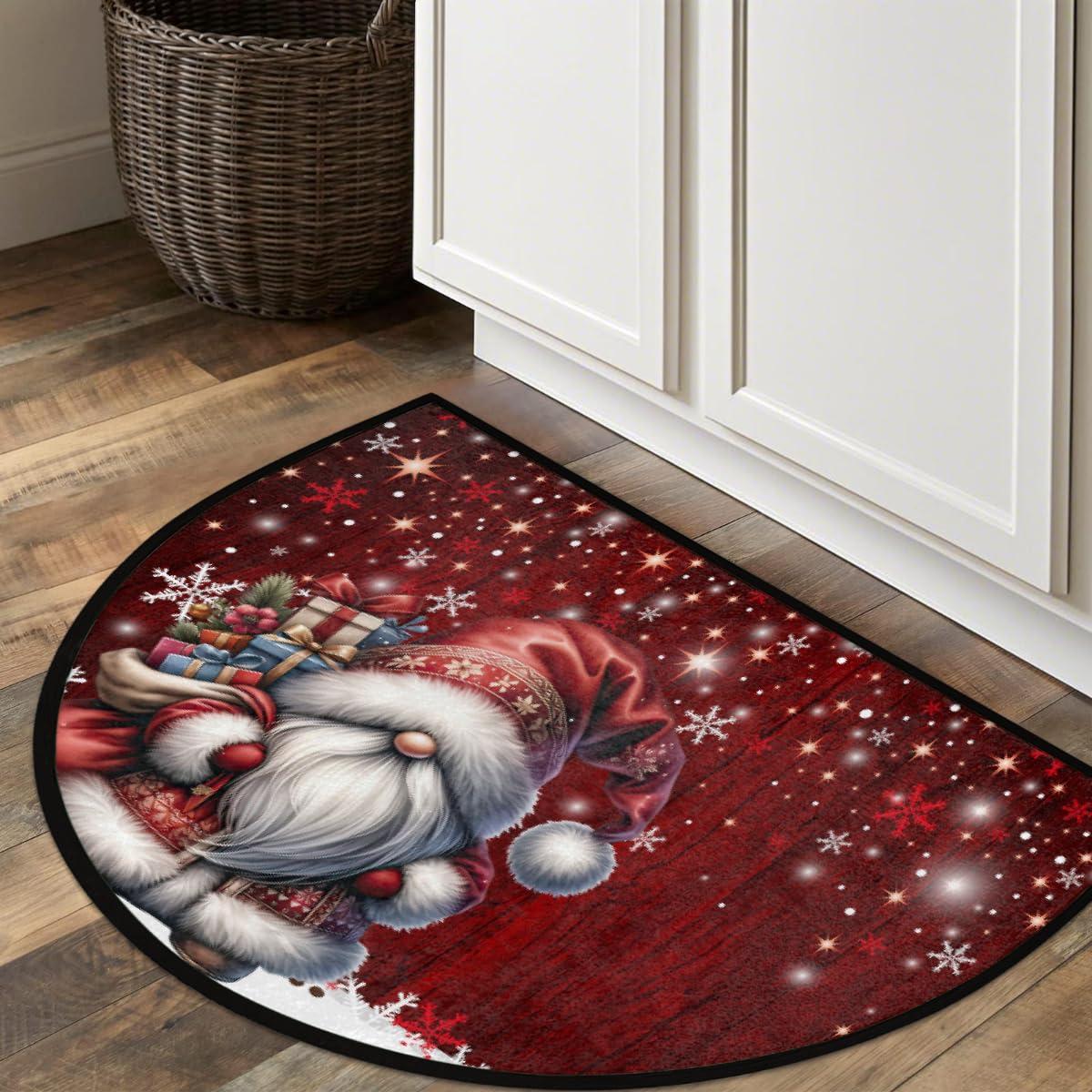 Red Gnome Half Round Door Mat Indoor Entrance Semi Circle Area Rugs (Z Funny Christmas Gnome)
