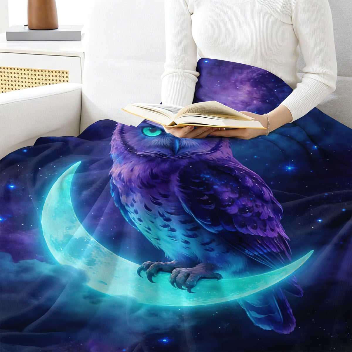 Owl Throw Blanket Fantasy Moon Starry Sky Animal Cozy Plush Flannel 30"X40" (Owl / 30"X40")