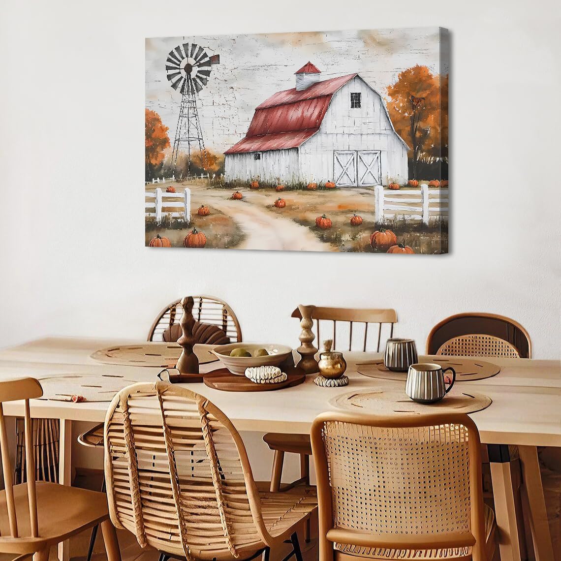 Large Fall Country Landscape Wall Art Farmhouse Barn Windmill Pictures Autumn Wall Decor for Living Room Kitchen Bedroom 32x48” (48"L x 32"W / Pumpkin4)