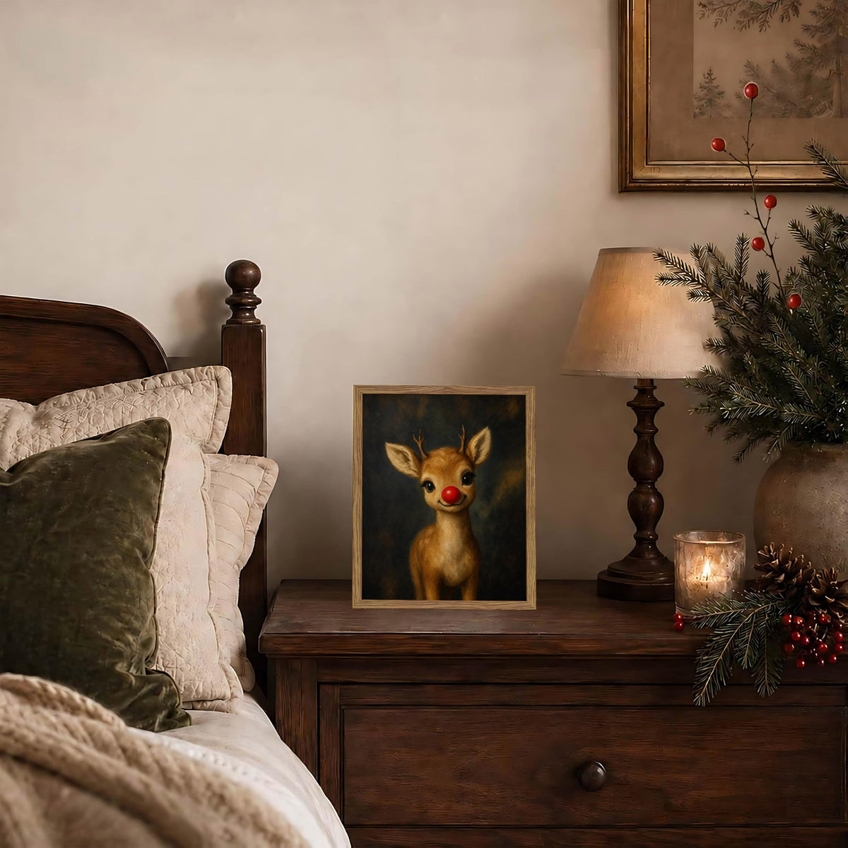 Vintage Christmas Wall Art (Red-nosed Deer / 10"L x 8"W)