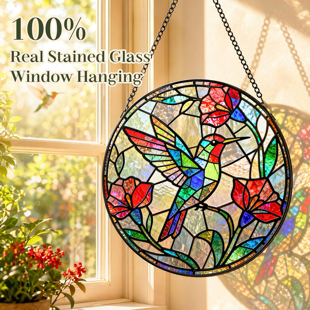Hummingbird Suncatcher Stained Glass Window Hanging (Red Hummingbird 6.3)