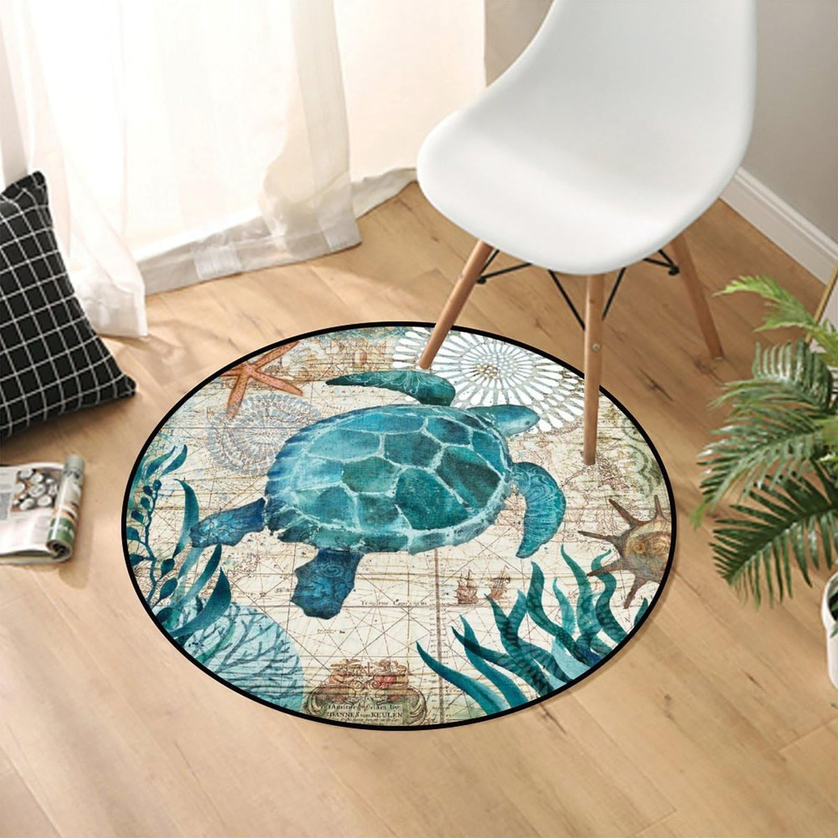 Round Area Rugs 4 FT Washable Non Slip Circle Rug (Turtle Vintage Ocean Animal Style / 4' (Round))